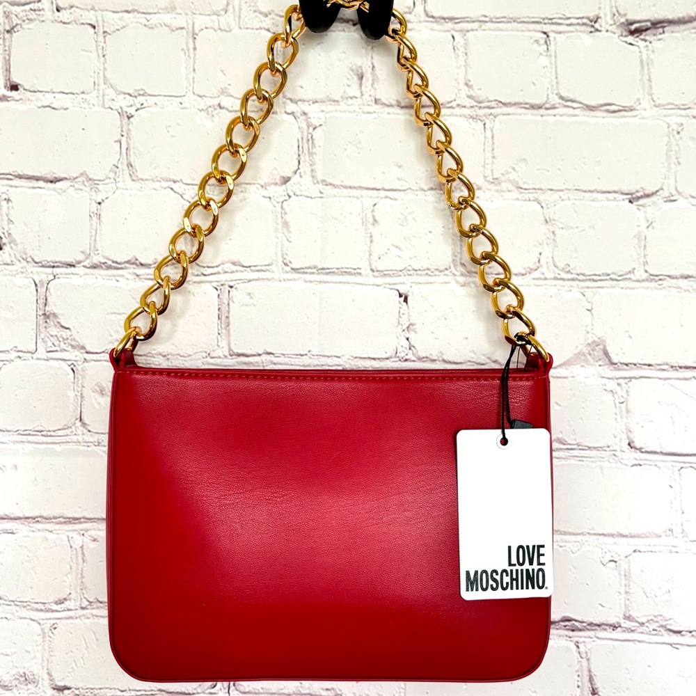 LOVE MOSCHINO Red with Gold Heart Zippered Vegan Leather Handbag/Crossbody--NWT - Picture 2 of 16